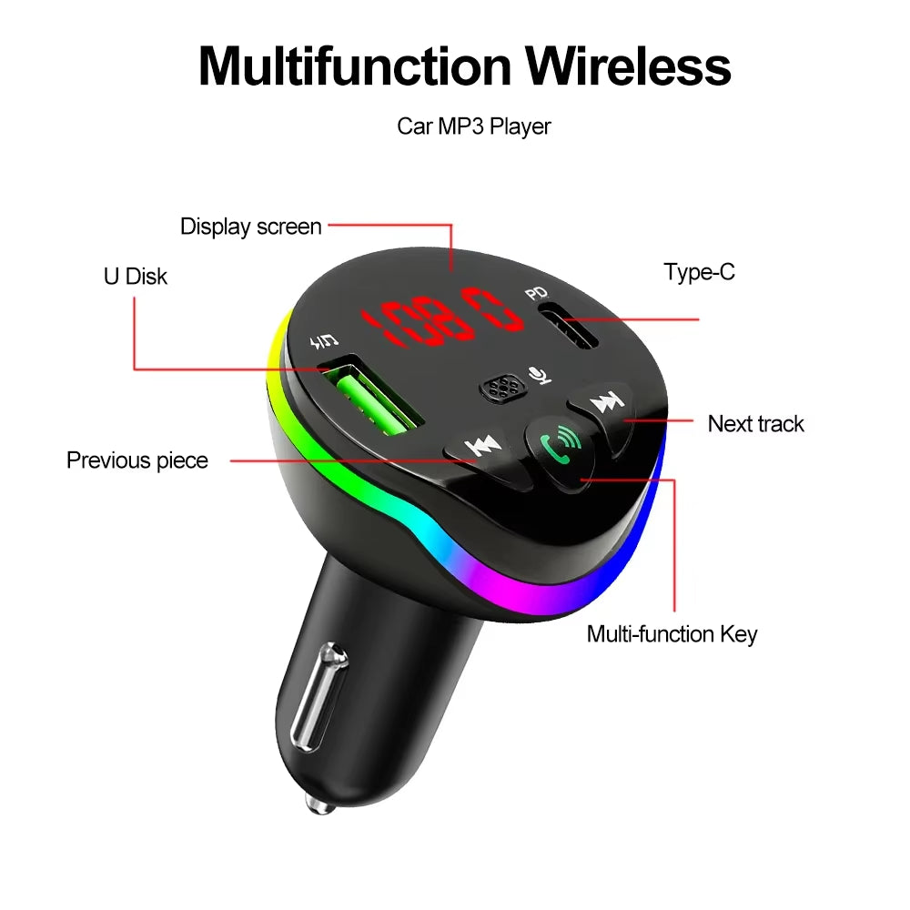 Bluetooth 5.0 Car FM Transmitter PD Fast Car Charger with Ambient Light Wireless Handsfree MP3 Plyer Car Kit Audio Receiver