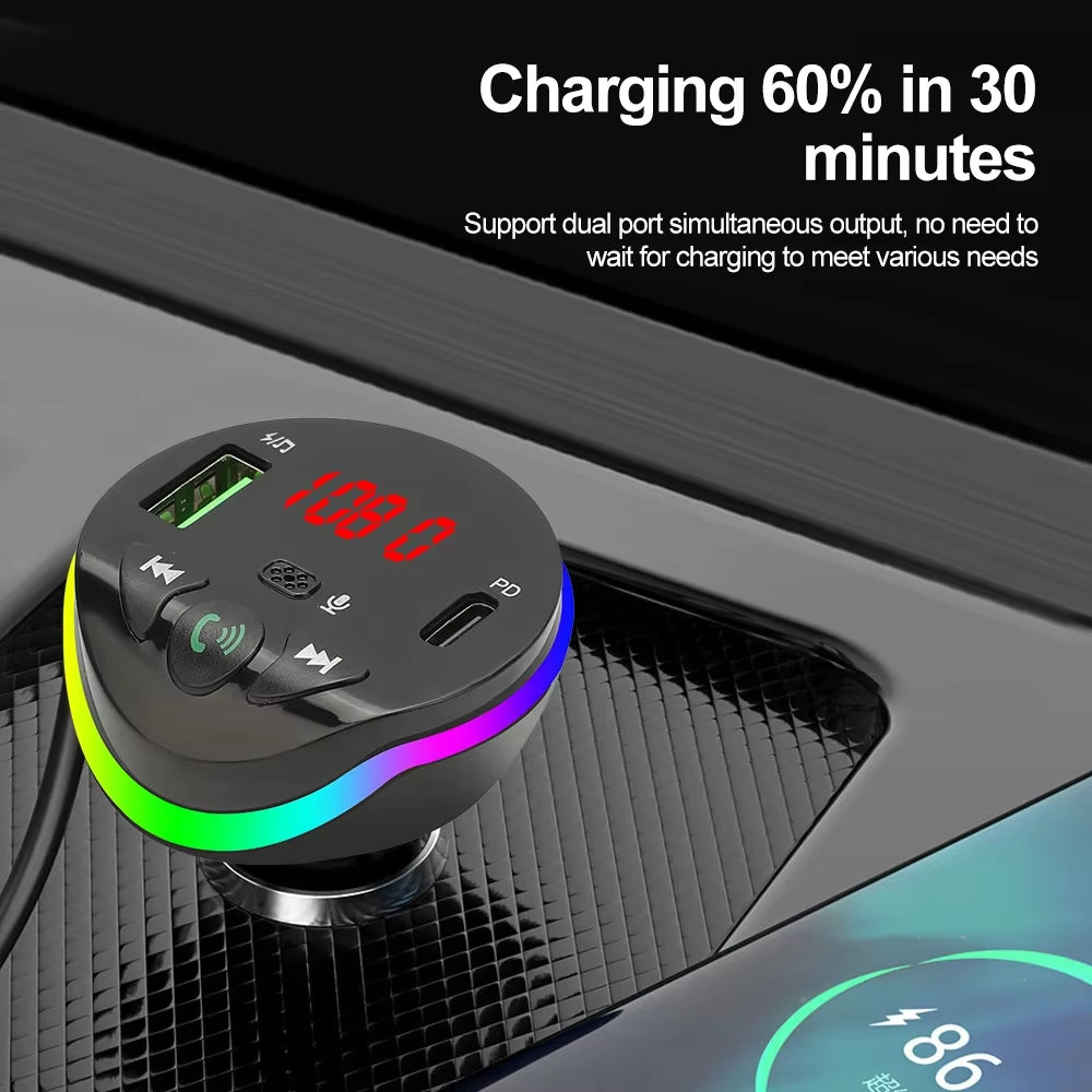 Bluetooth 5.0 Car FM Transmitter PD Fast Car Charger with Ambient Light Wireless Handsfree MP3 Plyer Car Kit Audio Receiver