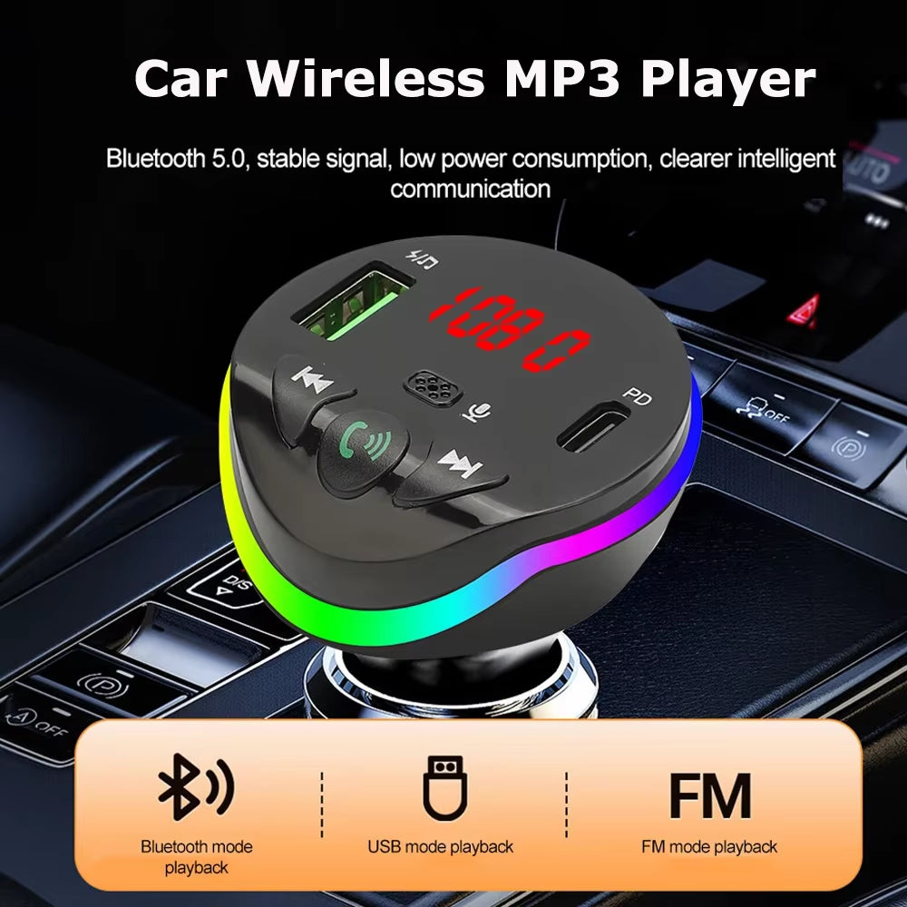 Bluetooth 5.0 Car FM Transmitter PD Fast Car Charger with Ambient Light Wireless Handsfree MP3 Plyer Car Kit Audio Receiver