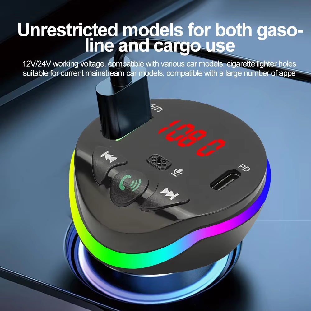 Bluetooth 5.0 Car FM Transmitter PD Fast Car Charger with Ambient Light Wireless Handsfree MP3 Plyer Car Kit Audio Receiver